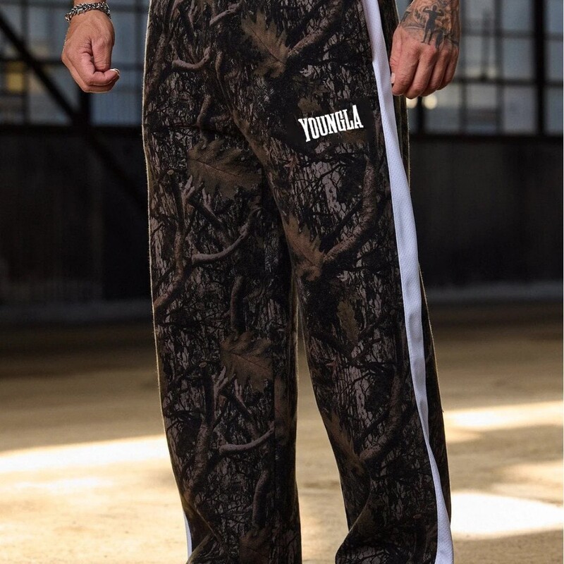 YOUNGLA American New Men's Sports Pants Patchwork Printed Casual Trousers Jogging Sports Fitness Basketball Pants