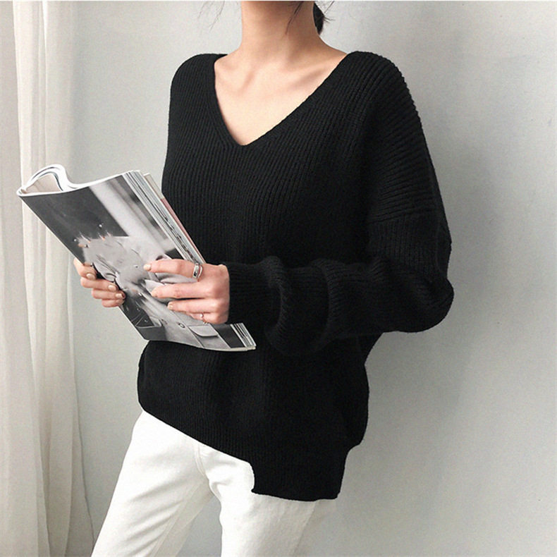 Vêtements pour femmes automne et hiver col en V à manches longues style paresseux ample pull à ourlet simple pull tricoté pull bas_voghion.com