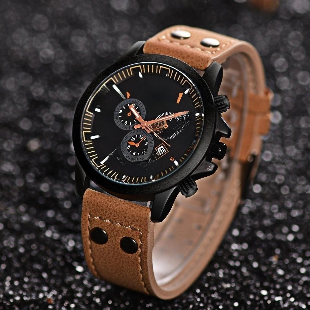 Casual men's quartz watch Three-Eye fashion calendar watch double nail PU men's watch_voghion.com