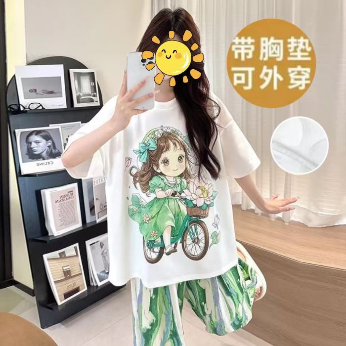Estilo explosivo transfronterizo al por mayor pijamas con almohadillas para el pecho, pantalones de manga corta para mujer, pintura al óleo de verano, servicio a domicilio, traje de algodón de nube, uso externo