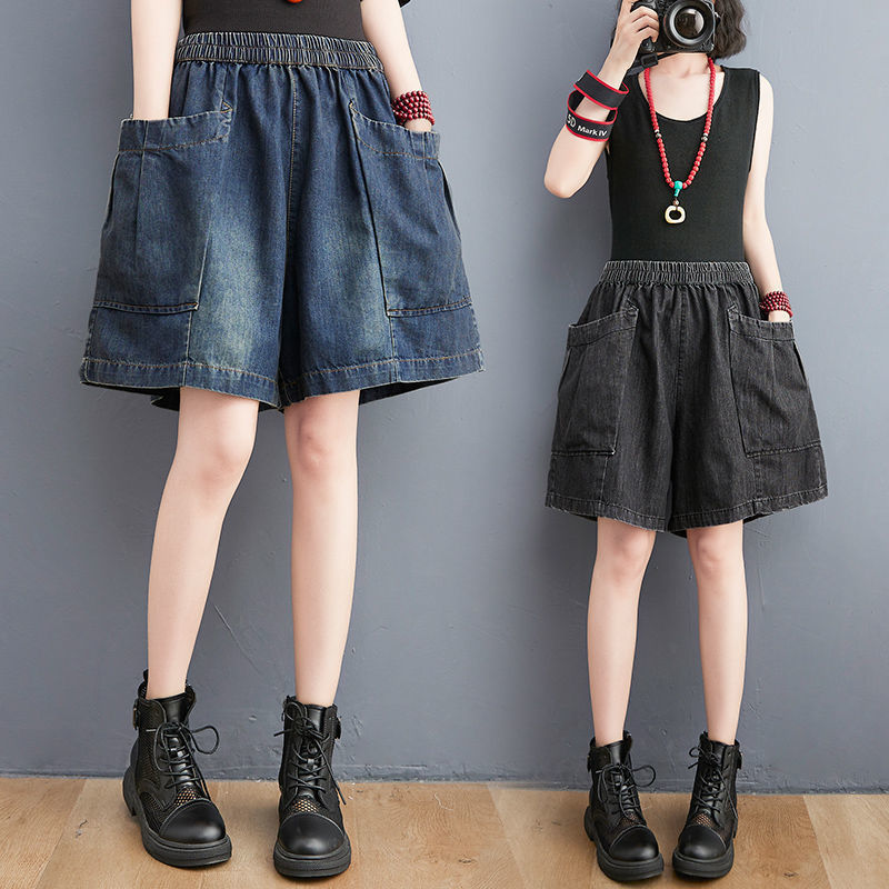 Elastic Waist Denim Shorts for Women, Summer Thin Style, 2026 New Model, Plus Size, Loose Fit, Slimming Wide-Leg Shorts