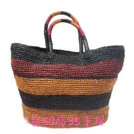 时尚简约拼色拉菲草托特包度假沙滩包大容量单肩包手工编织手提包