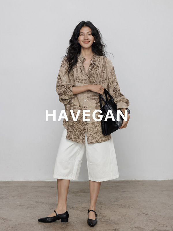 与间HAVEGAN/复古印花长袖衬衫女秋季2025新款宽松老钱风松弛上衣|undefined