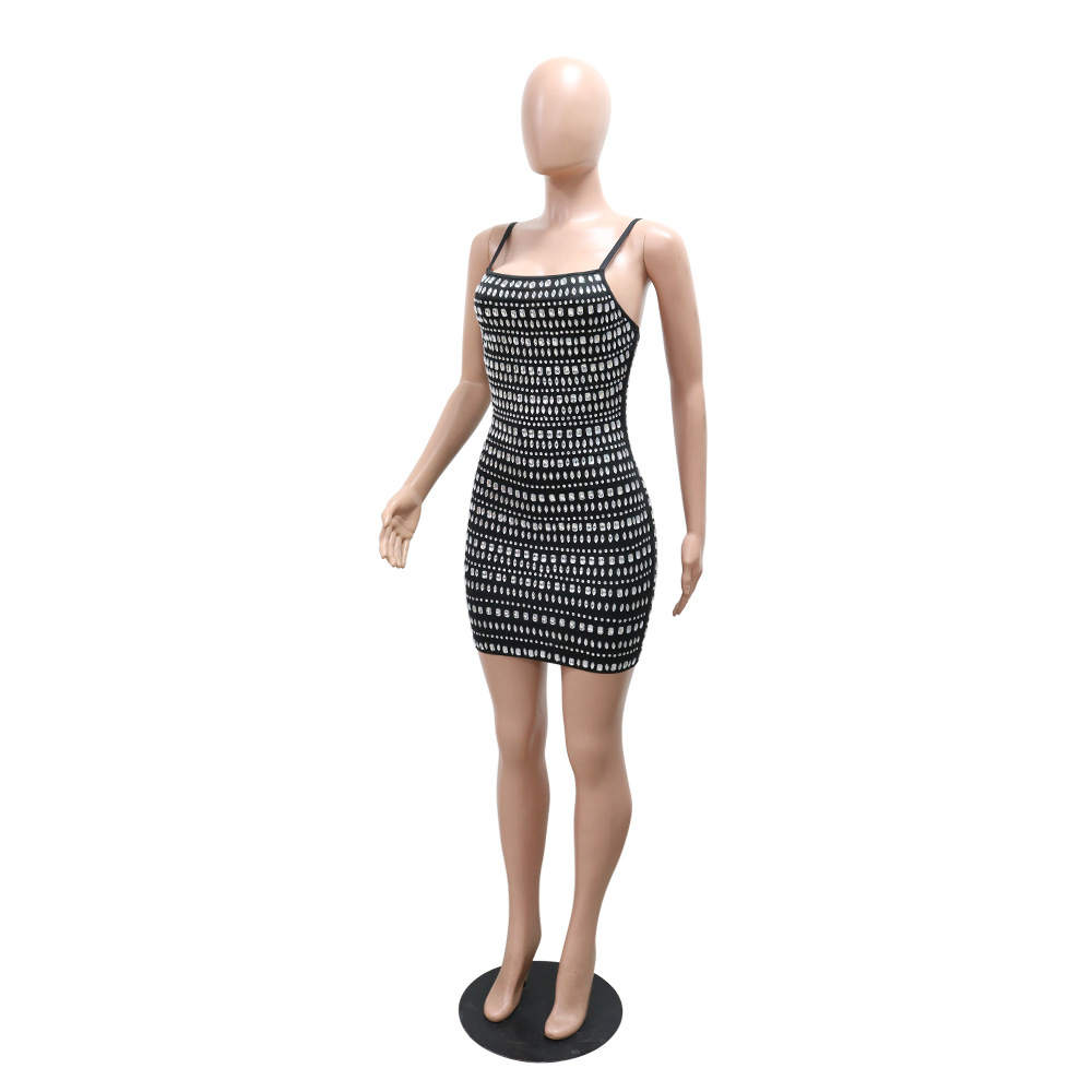 Women Clothing Sexy Sling Hip Backless Rhinestone Short Dress