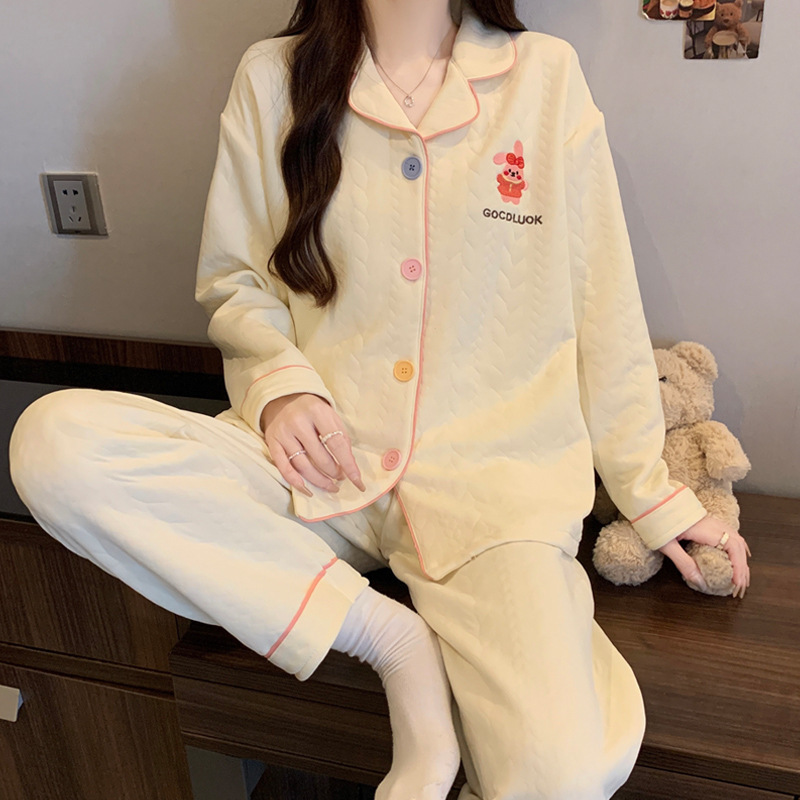 jacquard air cotton pajamas women‘s autumn and winter smart tree leisure warm sandwich long sleeve home wear two-piece set wholesale