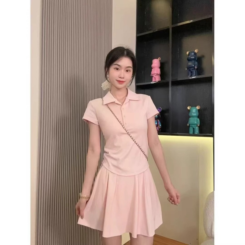 カレッジスタイルプリーツショートスカートスーツ女性用夏痩身トップス半袖年齢軽減ファッションカジュアルツーピースセット|undefined