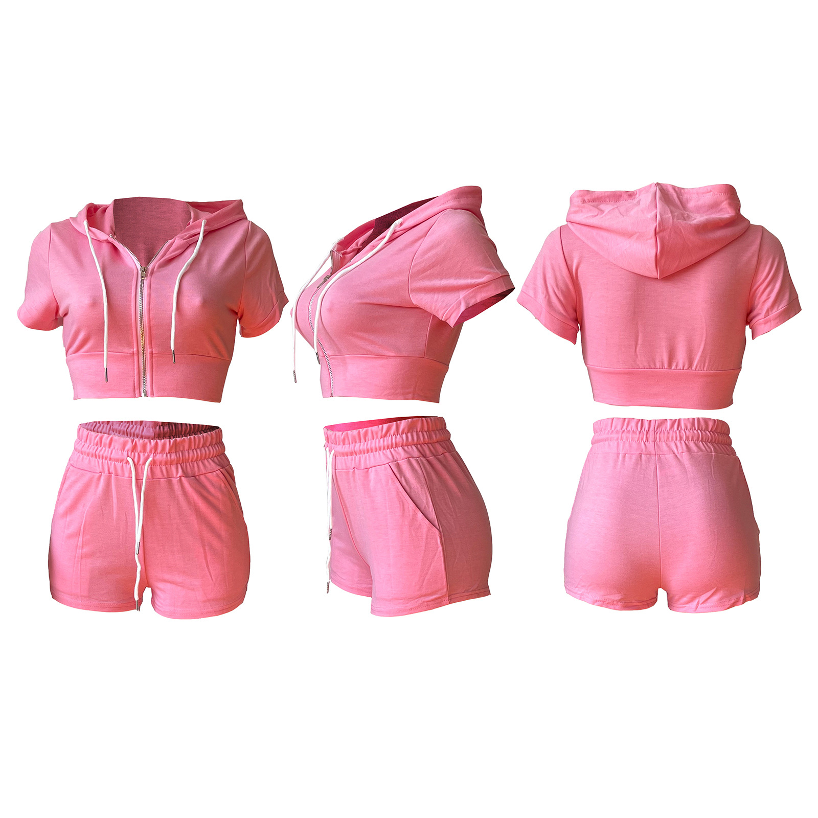 Conjunto de dos piezas con capucha, top corto y cremallera de color liso y cárdigan con cremallera para mujer