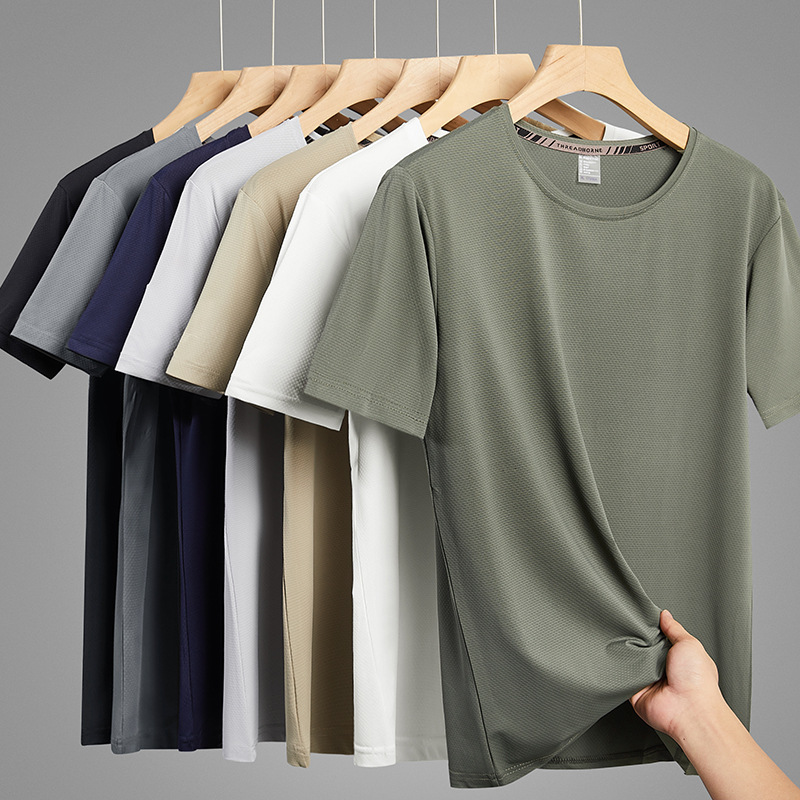 Camiseta de seda de hielo de nuevo estilo de verano de talla extra grande para hombres, tops deportivos casuales, camisetas de secado rápido, camisetas de manga corta para hombres con cuello redondo, gordos
