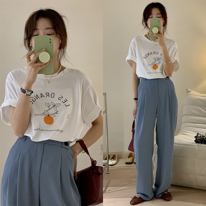 the republic of korea chic Simplicity Orange letter printing Short sleeved T-shirt Paige Broad leg Casual pants Western-style trousers trousers