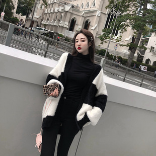 Autumn and Winter New Trendy Black and White Color-Blocking Mid-Length Top Coat Plush Mohair Cardigan Sweater for Women