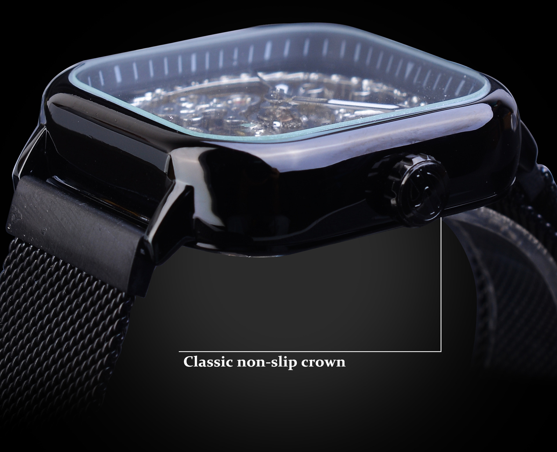 Forsing Hollow Men's Fully Automatic Mechanical Watch Square Dial Mesh Band Watch_voghion.com