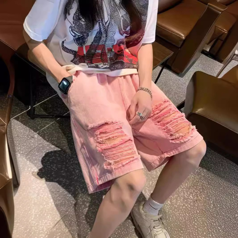 Pink Hole Denim Shorts Men's Summer American Style High Street Trendy Brand Beggar Pants Niche Design Sense Fifth Medium Pants