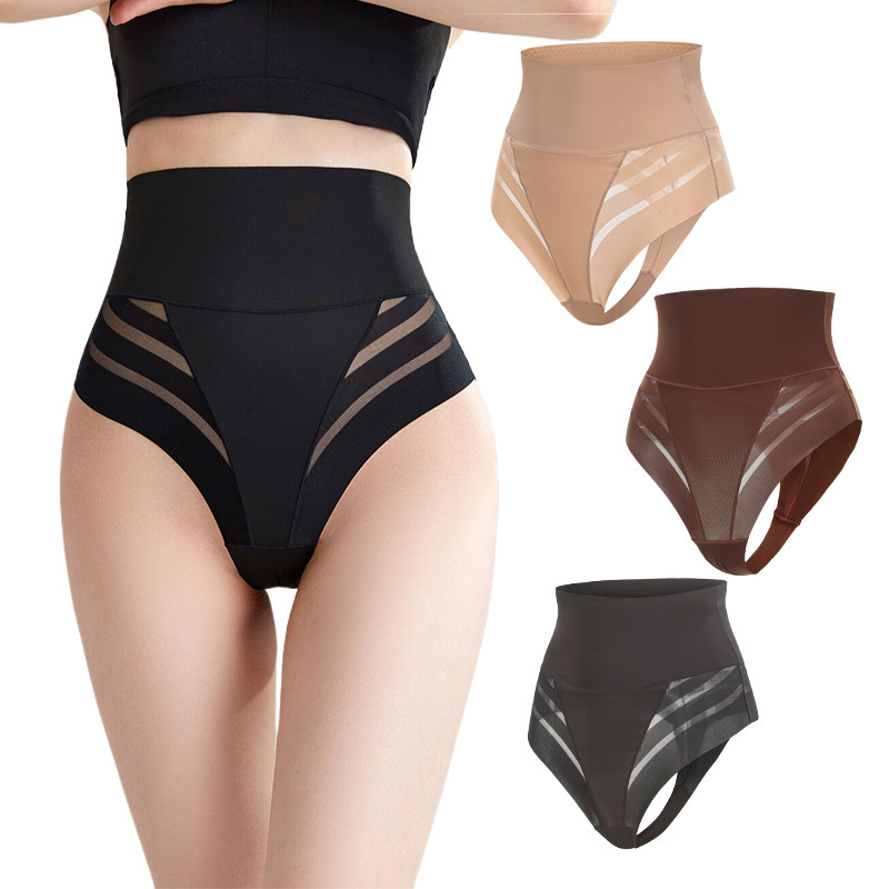 Women's high waist thong European and American corset belly contracting waist lifting hip shaping pants plus size underwear striped mesh thong
