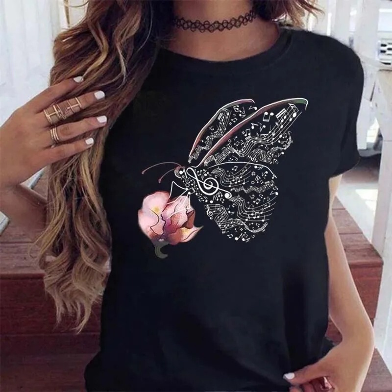 Women's Floral Butterfly Fashion Print T-Shirt Casual Short-Sleeve Women's T-Shirt Women's Top T-Shirt Clothing Women's Pattern T-Shirt