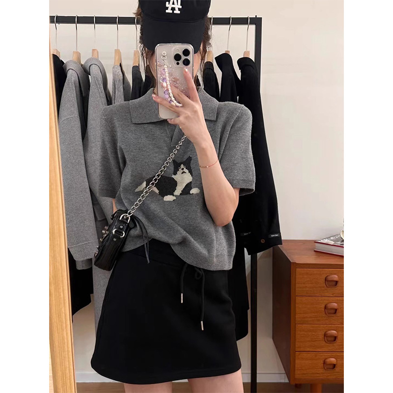 French Retro Polo Collar Short-Sleeved Knitwear for Women Summer Design Niche Slimming Look Short Style Beautiful Top 2025