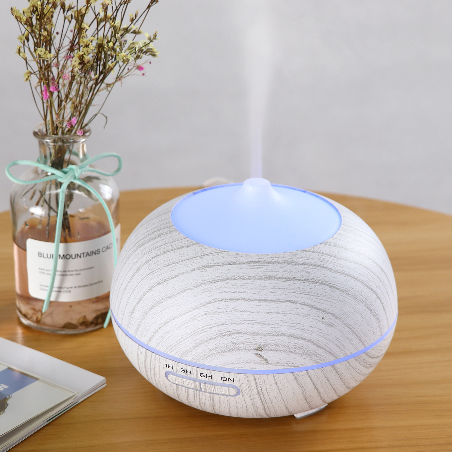 Grano de madera máquina de aromaterapia humidificador 550ml control remoto inteligente ultrasónico colorido lámpara fragancia máquina aceite esencial fábrica al por mayor