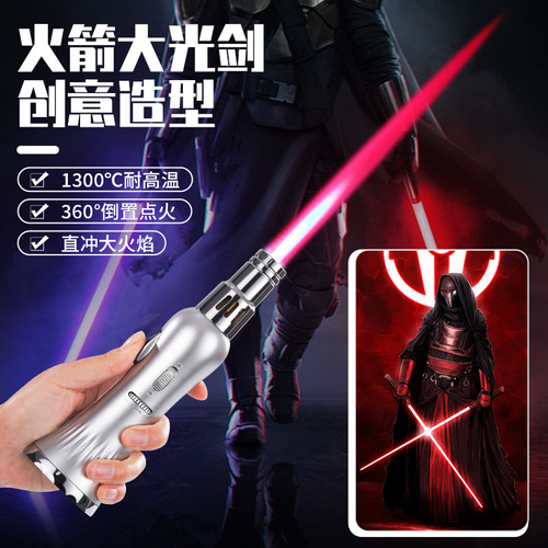 New rocket-shaped straight-pushing windproof red flame inflatable lighter for outdoor BBQ, suitable for cross-border.