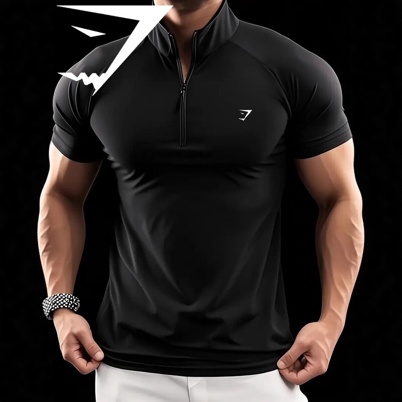 Gymshark Fitness Short-Sleeved Men's Polot Shirt, Elastic, Quick-Drying, Flesh-Revealing Half-Zip Design, Shark Fitness Clothing Gymshark Fitness Short-Sleeved Men's Polot Shirt, Elastic, Quick-Drying, Flesh-Revealing Half-Zip Design, Shark Fitness Clothing