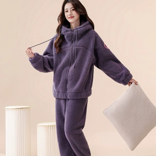 可外穿抗寒保暖睡衣女冬双层复合绒加厚连帽加大码珊瑚绒家居服男