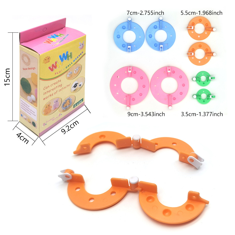 Herramienta de tejido dispositivo de pompón 4 especificaciones en caja Descripción en chino e inglés dispositivo de fabricación de bolas