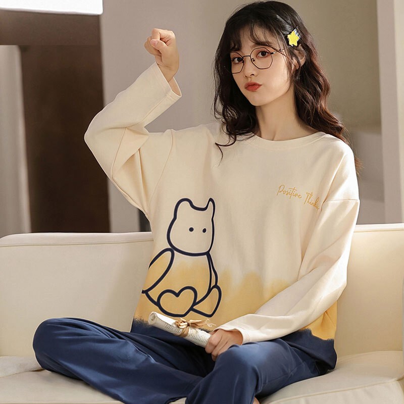 Wechat Business Wholesale Autumn and Winter High-Quality Imitation Cotton Pajamas for Women Round Neck Cute Simple Style Long-Sleeved Pants Home Wear Set
