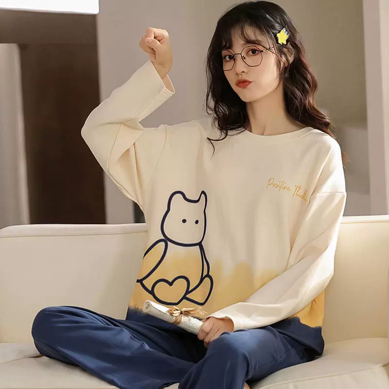 微商批发秋冬季优质仿棉睡衣女圆领可爱简约风长袖长裤家居服套装
