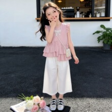 2026新款夏季女童小飞袖洋气上衣儿童阔腿裤两件套女宝套装