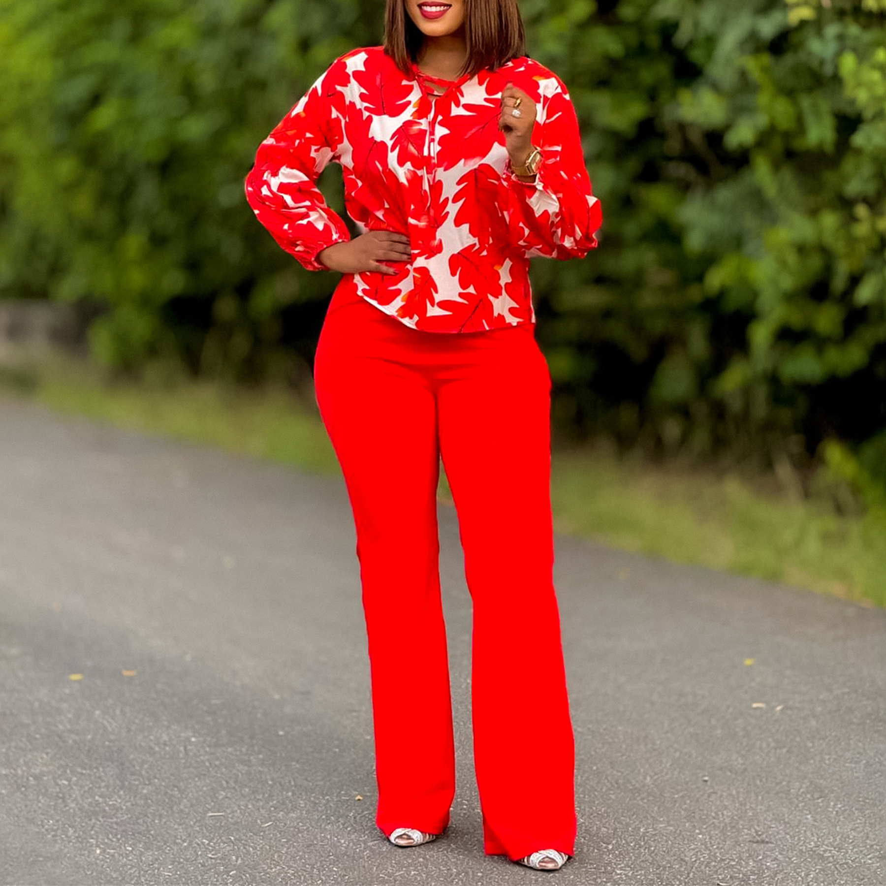 Women's Clothing D3289 women's clothing 2024 new OL fashion printed long sleeved tops wide leg pants two piece suit_voghion.com