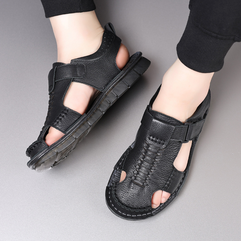 Verano cabeza de cuero de vaca para hombres sandalias de cuero exterior zapatos de playa de hombre transpirables de mediana edad zapatos de hombre suaves