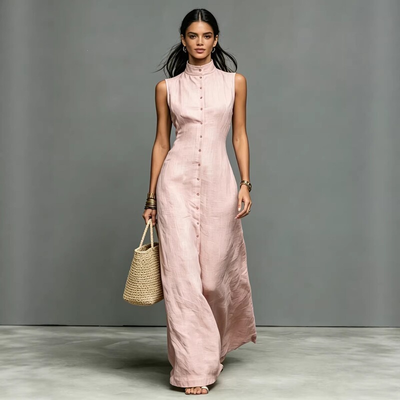 Cross-Border Amazon 2026 New Women's Minimalist Style Linen Blend Stand Collar Single-Breasted Sleeveless Maxi Dress