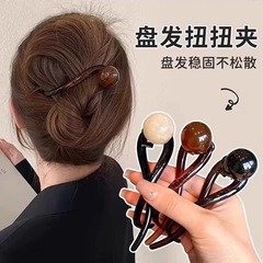 复古大气咖色珍珠一字抓夹女2025新款高级感扭扭发夹后脑勺鲨鱼夹