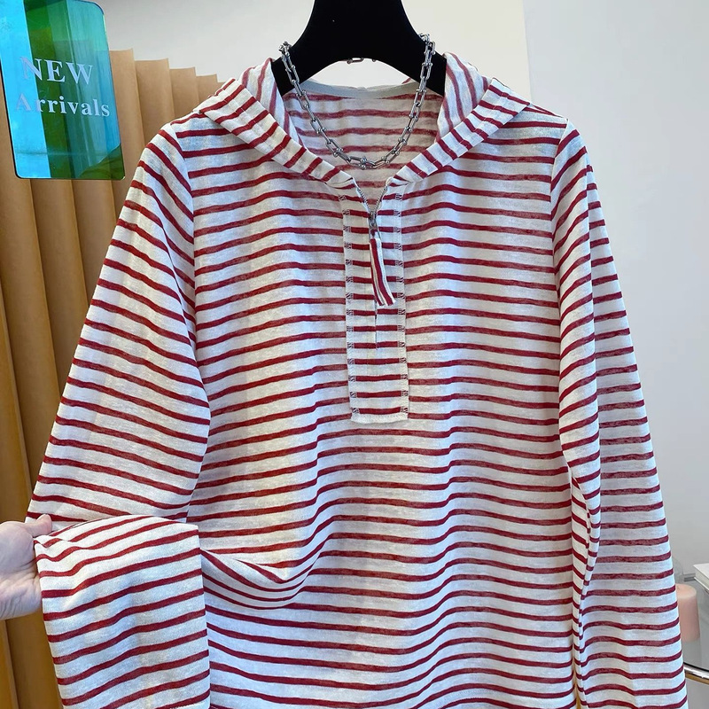 Drawstring Hooded Stripesd Long-Sleeved T-Shirt for Women Autumn and Winter 2025 New Autum Loose and Slim Women's Inner Layering Shirt