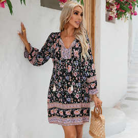 2023亚马逊独立站跨境外贸欧美长袖波西米亚休闲度假定位花连衣裙