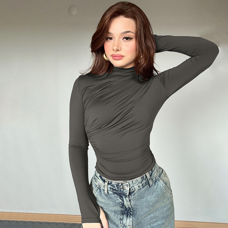 Transfronterizos Europa y América ropa de mujer otoño nuevo color sólido delgado de manga larga top top top sexy camiseta apertada plegable