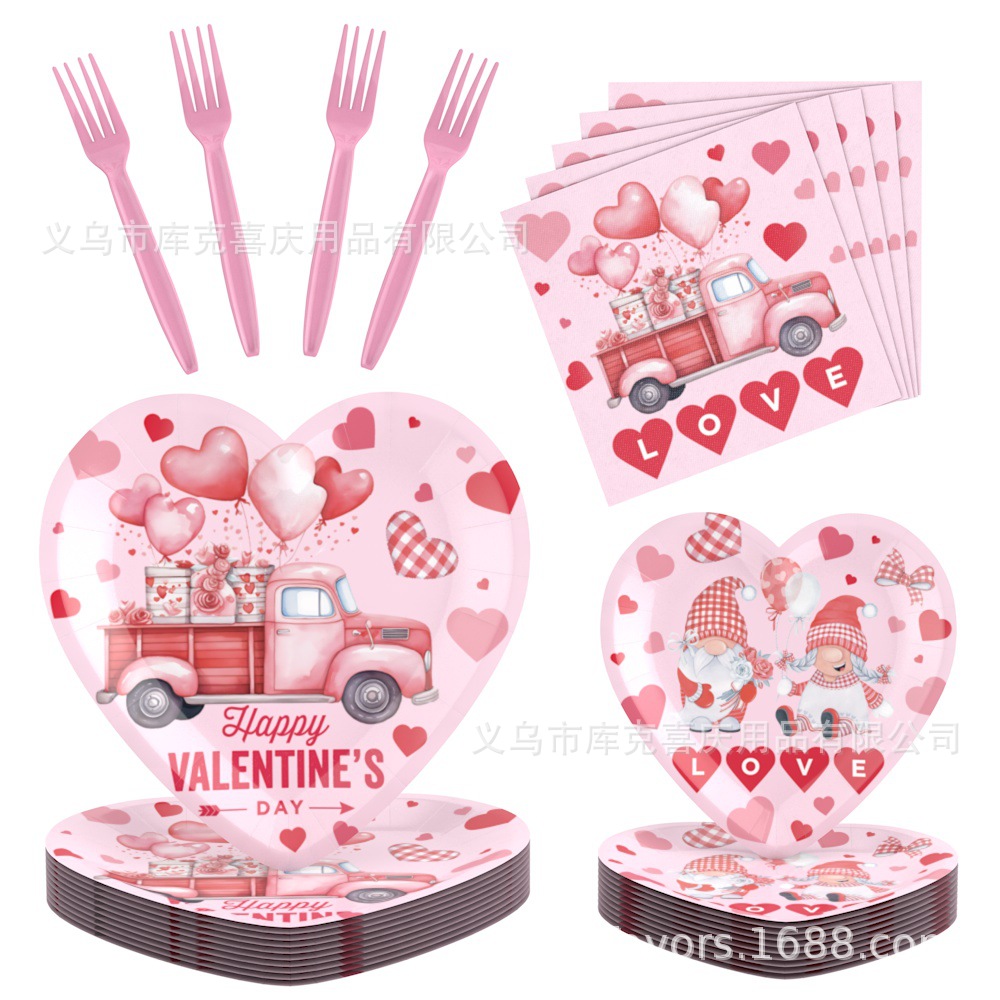 Día de San Valentín en forma de corazón cubiertos de fiesta fiesta fiesta bandeja de papel desechable taza de papel toalla de papel set