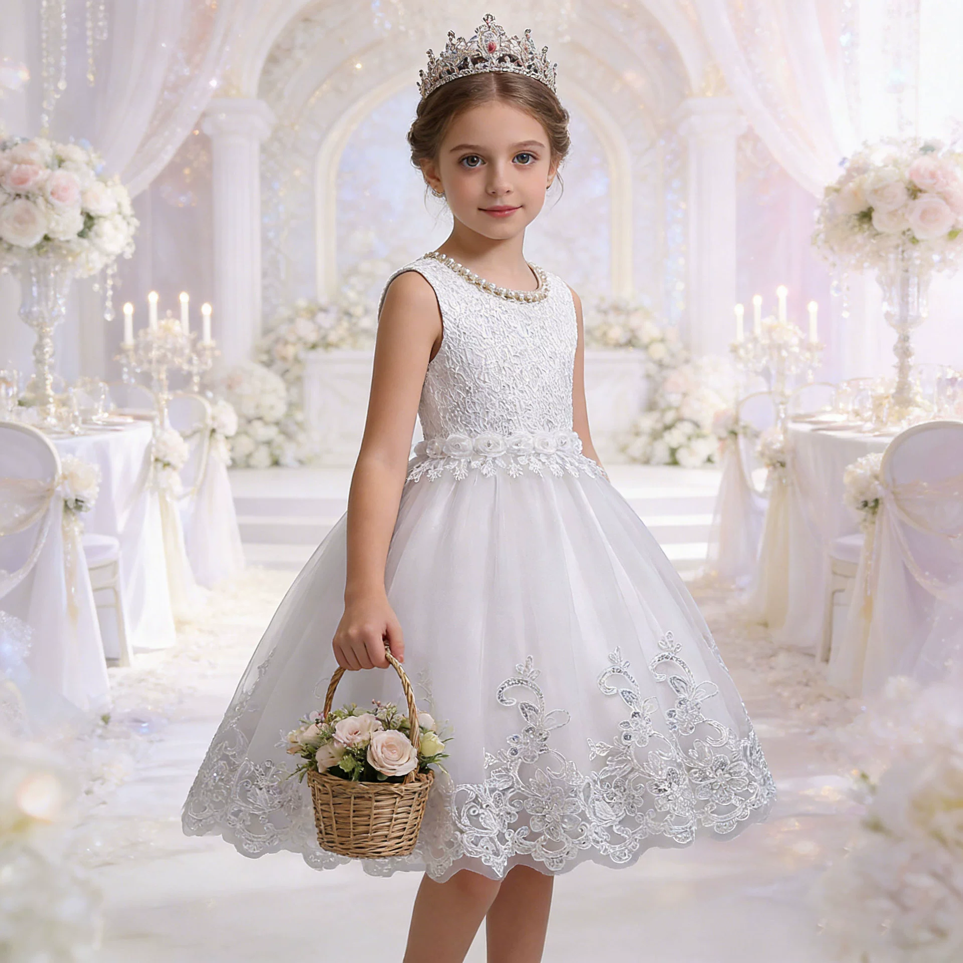 Children's white evening dress, beaded bracelet, wedding dress, summer skirt, tank top, tulle