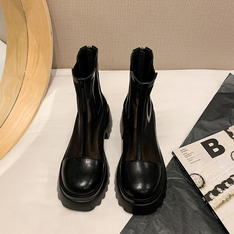 Boot ngắn nữ da bò mũi tròn đế dày thoáng khí khóa kéo sau — Màu đen, Màu mơ chi tiết 110
