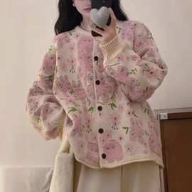 秋冬新款植绒立体花朵粉色毛衣外套女慵懒风大码复古软糯针织开衫