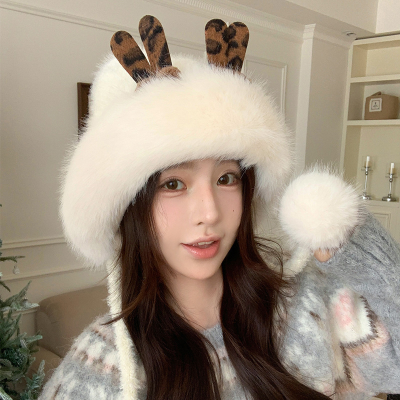 鹿角雷锋帽子女秋冬季日系可爱毛球加厚保暖护耳帽户外滑雪防寒帽|undefined