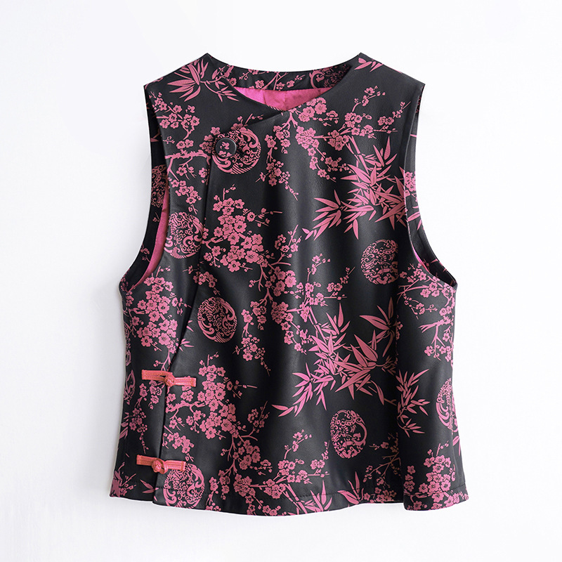Genuine Leather Clothing 3111 New Chinese Style Sheepskin Vest Chinese Style Retro Printed Buckle Sleeveless Outerwear Vest for Women