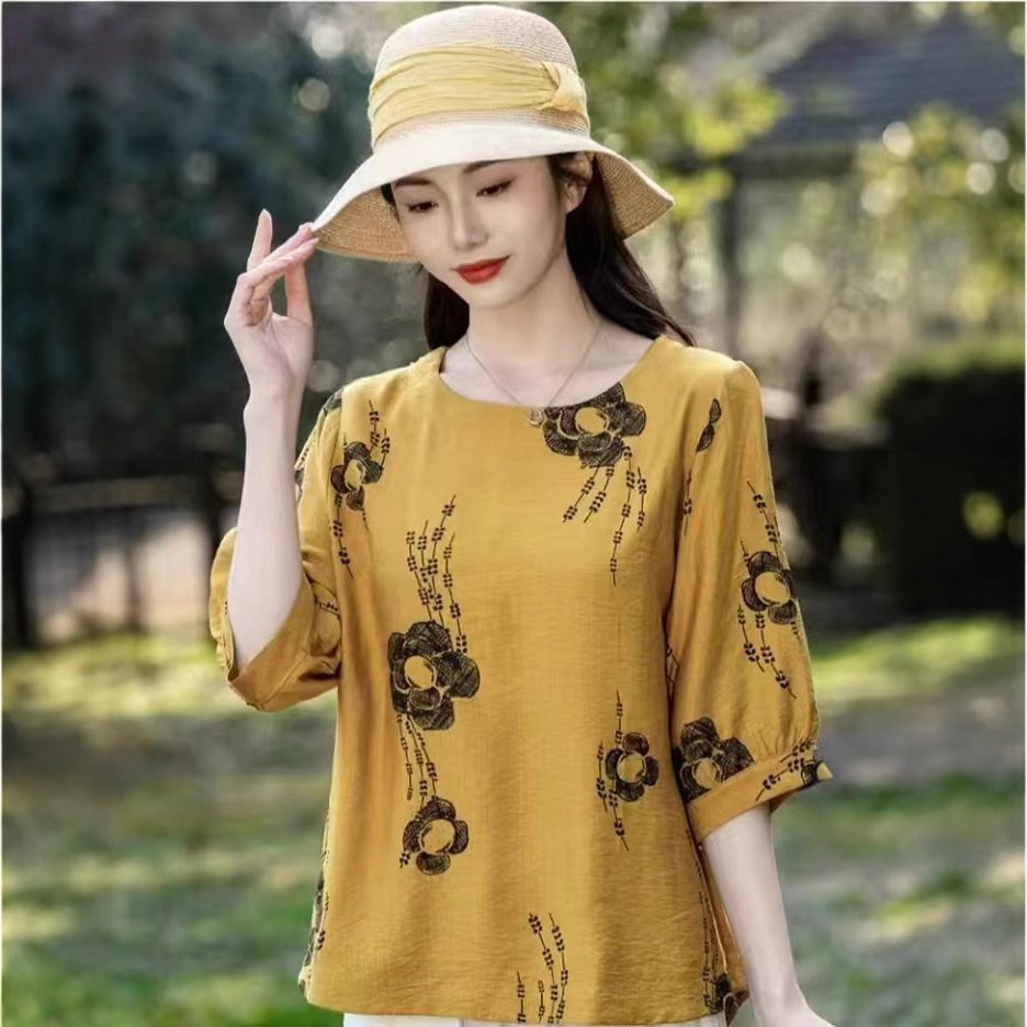 Cross-border nueva camiseta de mujer china impresa de manga media camiseta de mujer de verano camiseta de base de cuello redondo artística ocio image 9