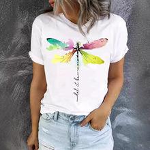 2024欧美女装亚马逊速卖通wish新款蜻蜓印花圆领短袖T恤
