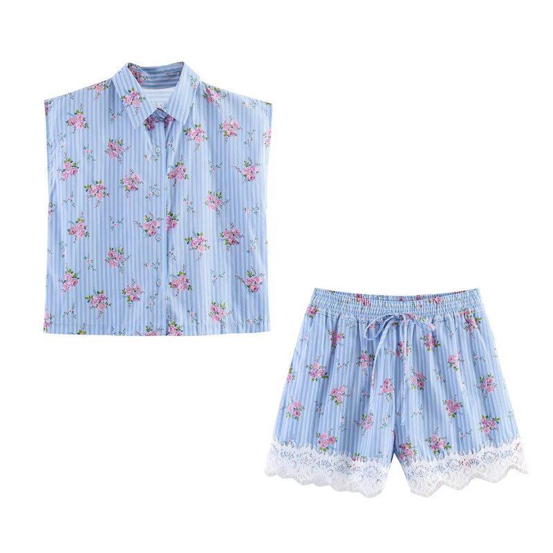 Bsk&Traf Women's Clothing 2026 Summer New Style Sleeveless Striped Printed Shirt with Lace Trim and Printed Shorts