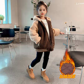 女童冬季新款连帽夹棉外套韩版保暖加厚拉链开衫可爱刺绣棉衣上衣