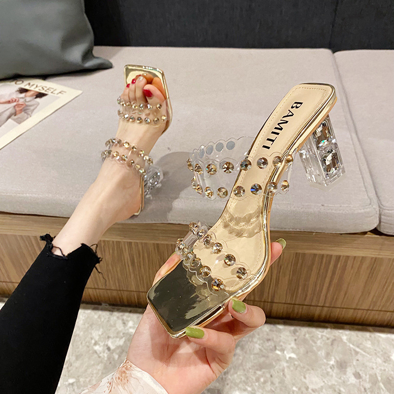 8882-8 Internet Celebrity Style Super Fairy Square Toe Rhinestone Slippers Thick Heel High Heels Outer Sandals