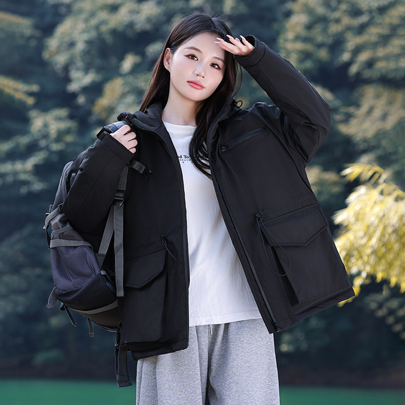 2024 invierno nuevo estudiante de secundaria secundaria encapuchado casual suelto al aire libre traje de asalto chaqueta de trabajo de algodón intercalado