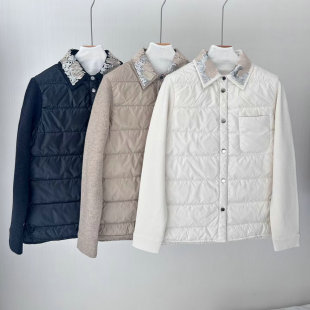 24 Autumn and Winter Nanyou Light Luxury BC White Goose Fleece Suit Cashmere Spliced Sleeve Sequin Lapel Down Jacket Warm Jacket for Women