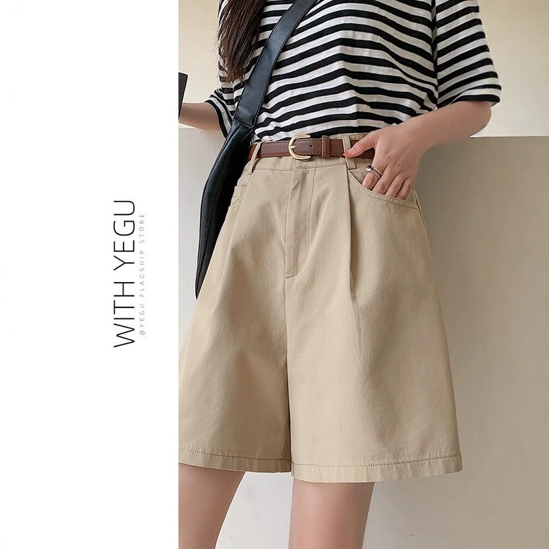 Khaki work shorts for women, summer thin loose A-line wide-leg mid-length pants, pure cotton shorts for petite women Khaki work shorts for women, summer thin loose A-line wide-leg mid-length pants, pure cotton shorts for petite women