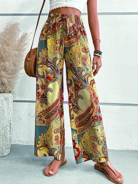 Women's Holiday Daily Beach Vacation Cashew Nuts Full Length Printing Belt Casual Pants display picture 5