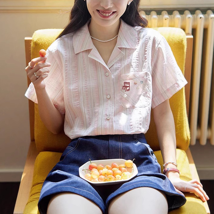 French Cuban Collar Embroidered Short-Sleeved Striped Shirt for Women Summer New Thin Top Lychee Iced Tea Sea Salt Coconut Milk